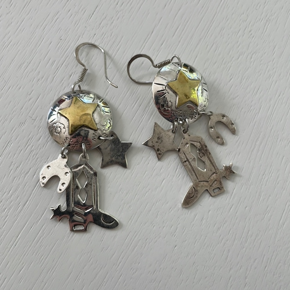 Mexico Taxco 925 Sterling Silver Vintage two tone cowboy boot horseshoe earrings